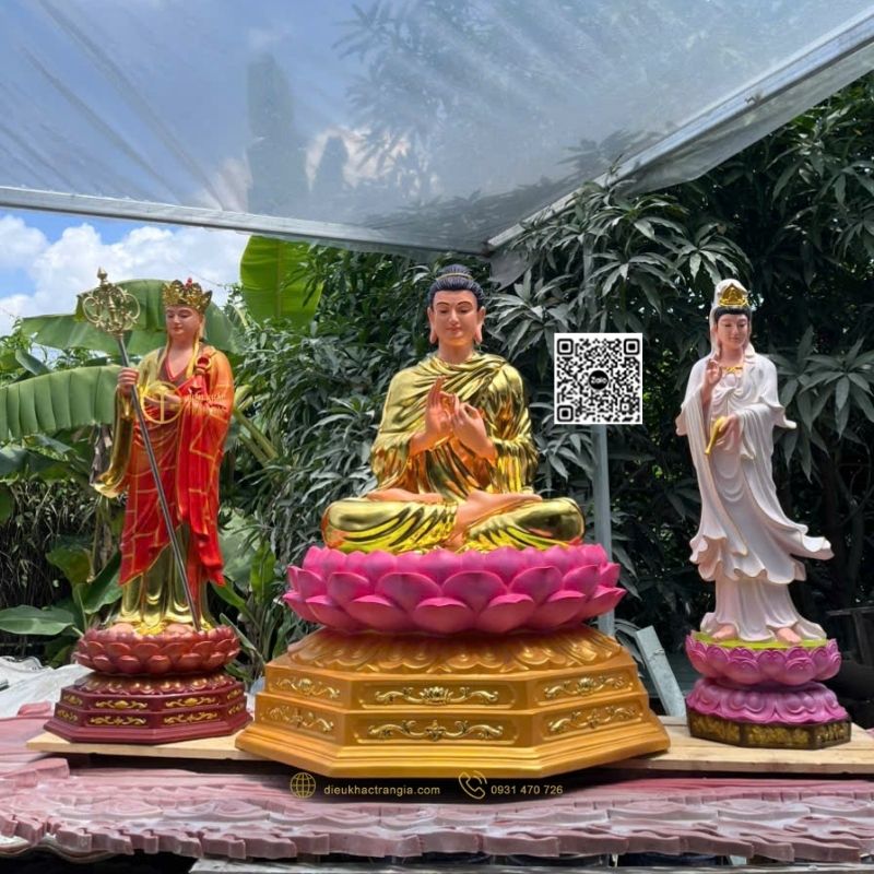 Bộ Tượng Ta Bà Tam Thánh Đứng Đài Sen 1m1