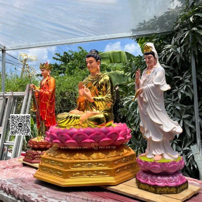 Bộ Tượng Ta Bà Tam Thánh Đứng Đài Sen 1m1