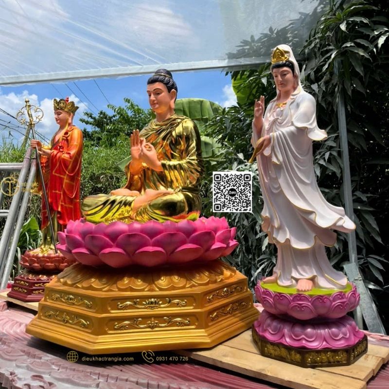 Bộ Tượng Ta Bà Tam Thánh Đứng Đài Sen 1m1