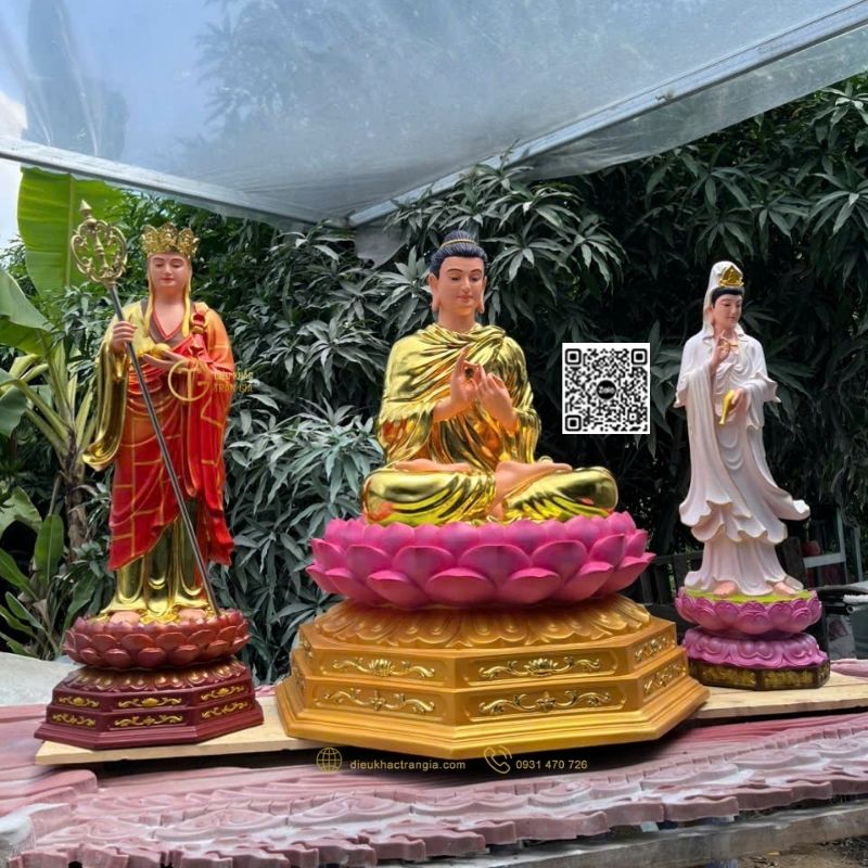 Bộ Tượng Ta Bà Tam Thánh Đứng Đài Sen 1m1